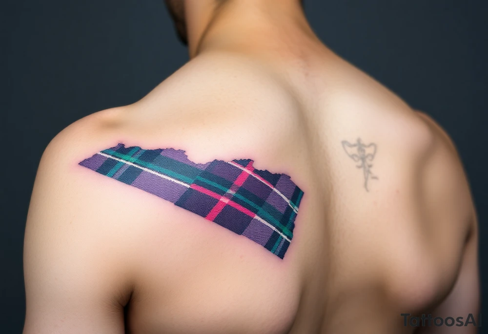 Side of arm Dark Purple with green pink blue and white highlights tartan fabric with skin peeling away at edges tattoo idea