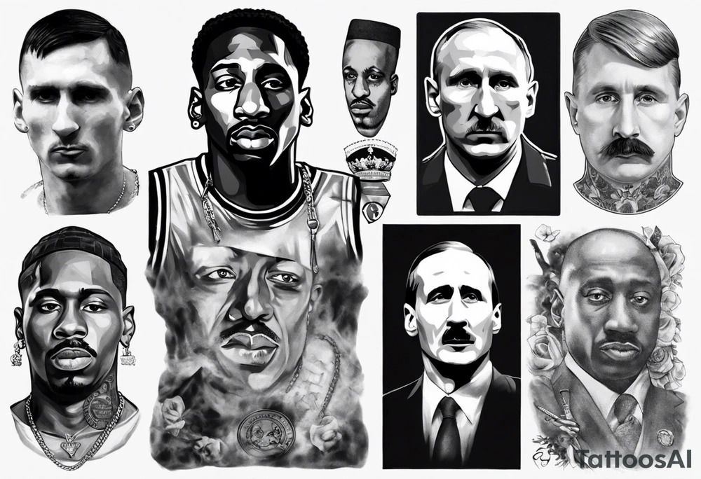 Icons portraits 
ARM SLEEVE 
REALISTIC
messi
Tupac
biggie
hitler
Putin tattoo idea