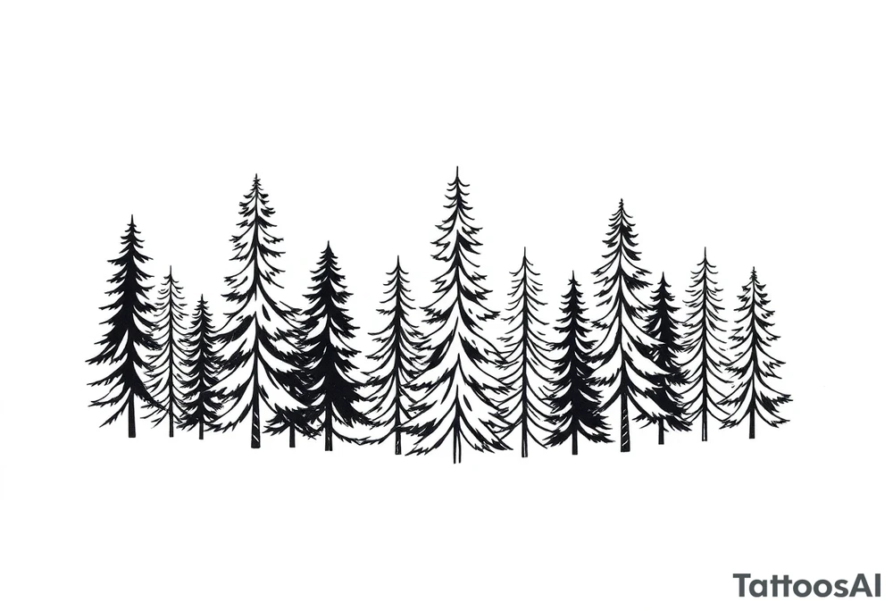 Coniferous forest trees in black and gray tattoo sleeve tattoo idea