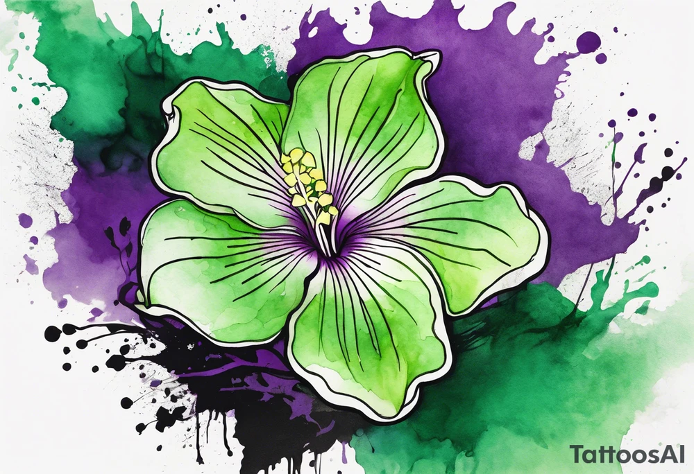 A mystical outline of a green and purple rio dipladenia flower and a green and purple watercolor splash in the background tattoo idea