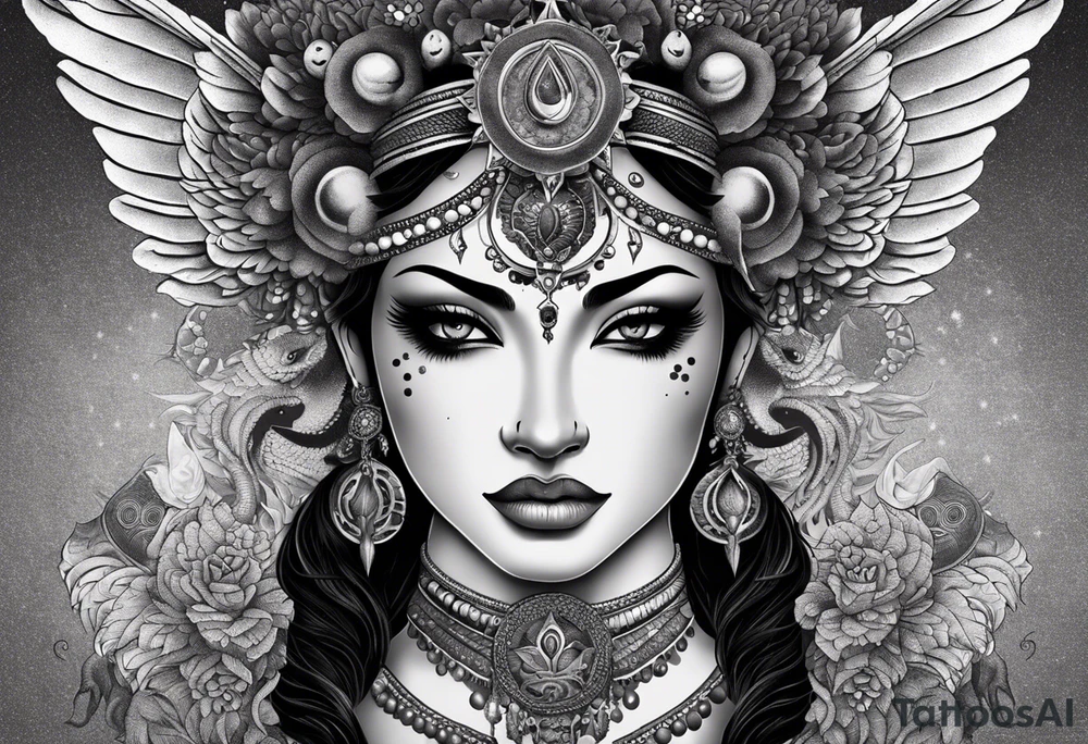 black kali, goddess pirate, alien, angel, pachamama, valkrye, warrior, flying, skull, lotus azul, wing, eagle, zenza resonance, stars, 5D, anahata chakra, death, durga, riding on a tiger, flying lady, kundalini, chest tatoo, samuri, rebel, serpent tattoo idea