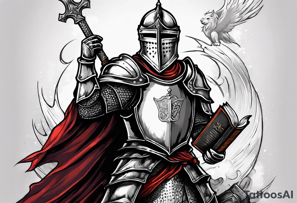 knight holding a bible over his head in combat tattoo idea