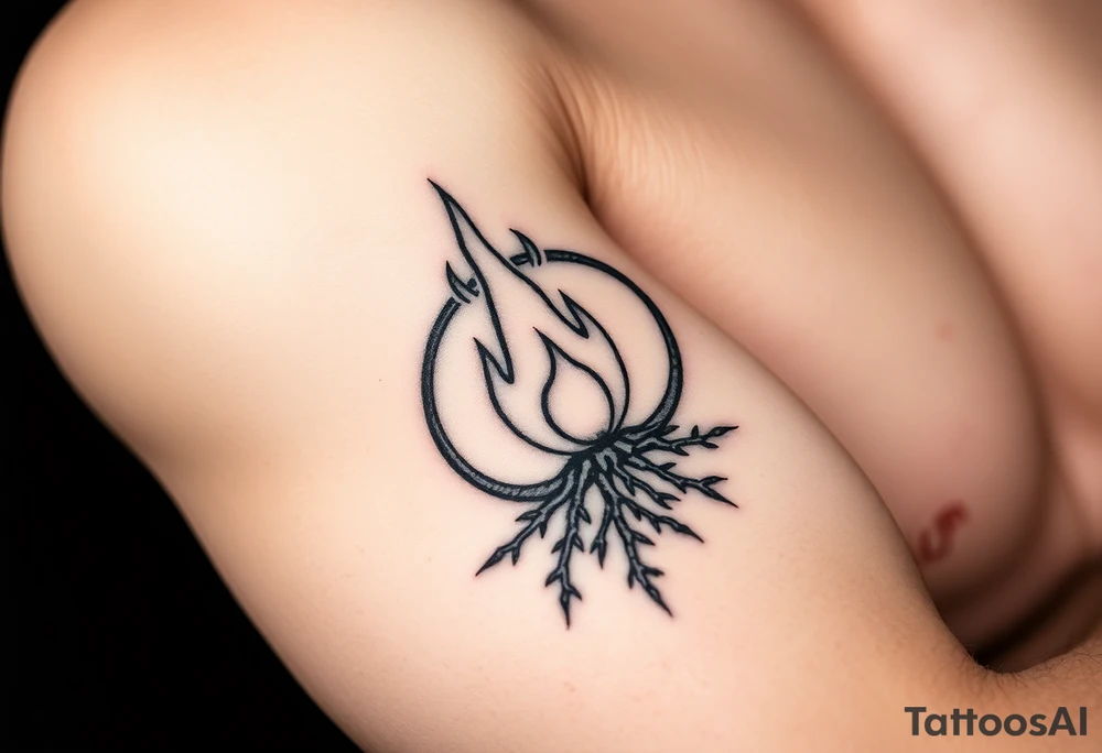 a round flame imprisoned in a roots circle tattoo idea