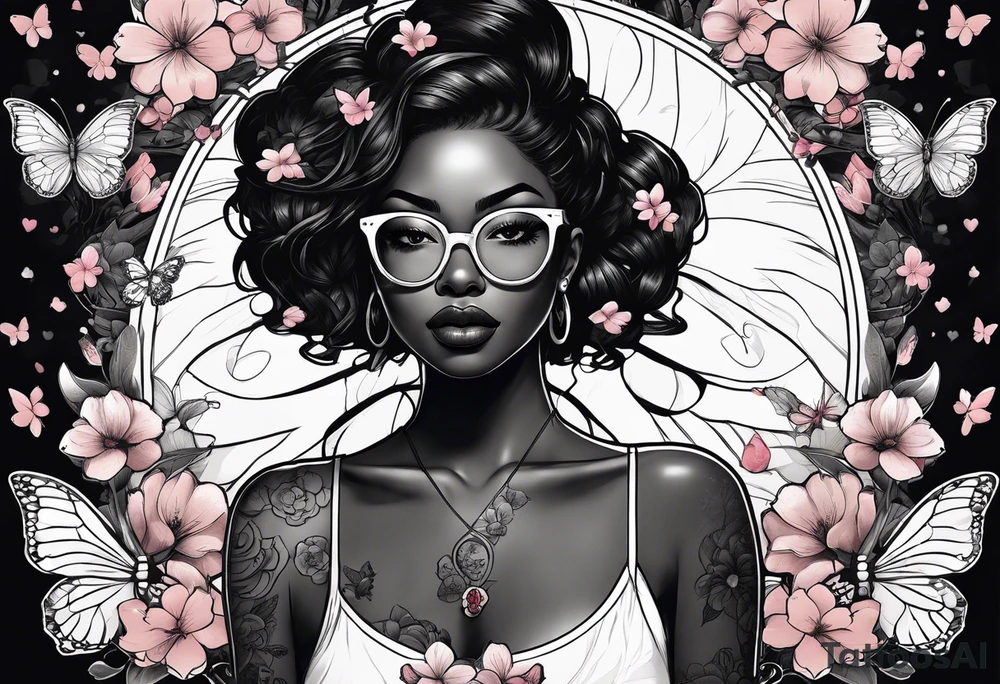 Black dark-skinned Female with glasses with butterflies and sakura blossoms around her with the lettering " Nisha " Underneath. tattoo idea
