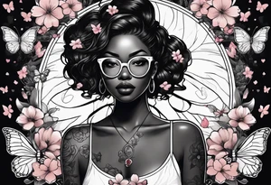 Black dark-skinned Female with glasses with butterflies and sakura blossoms around her with the lettering " Nisha " Underneath. tattoo idea