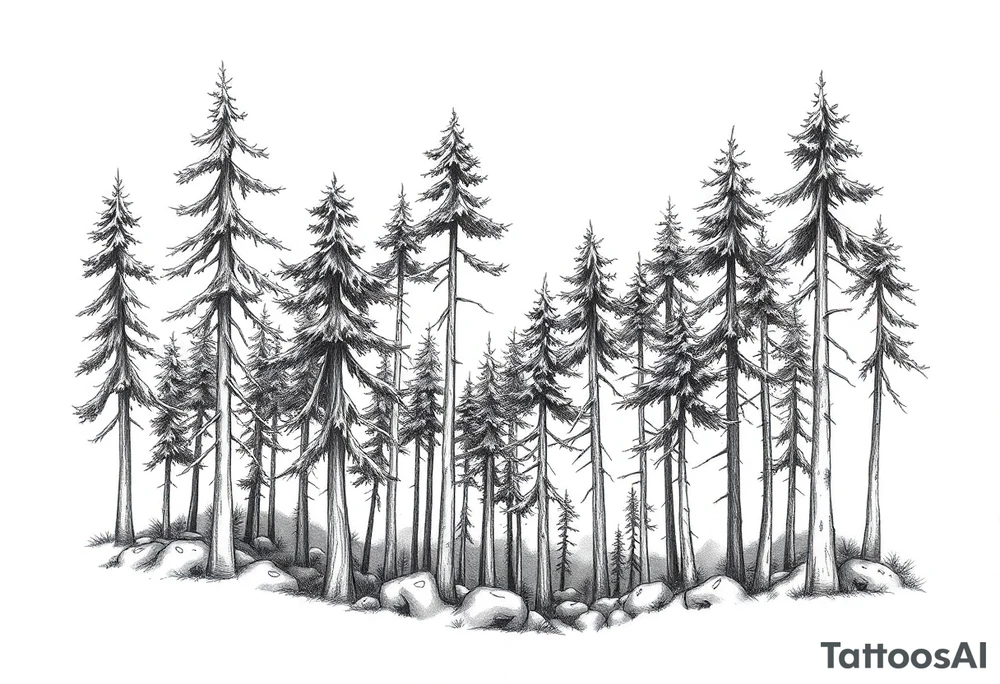 Needle forest with black and gray trees tattoo idea