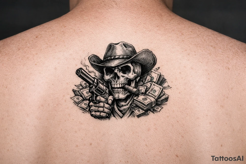 skull with cowboy-hat,cigar in his mouth and a gun in a hand surounded by money. tattoo idea