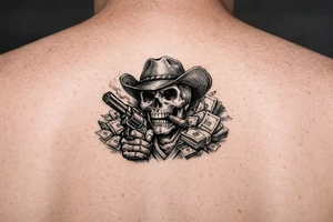 skull with cowboy-hat,cigar in his mouth and a gun in a hand surounded by money. tattoo idea