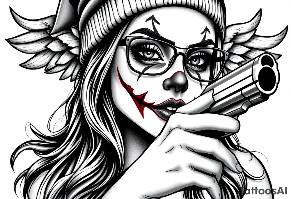 Chicana beautiful long hair clown makeup angel wings thug beanie eyeglasses pointing a gun tattoo idea