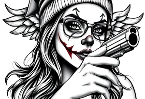 Chicana beautiful long hair clown makeup angel wings thug beanie eyeglasses pointing a gun tattoo idea