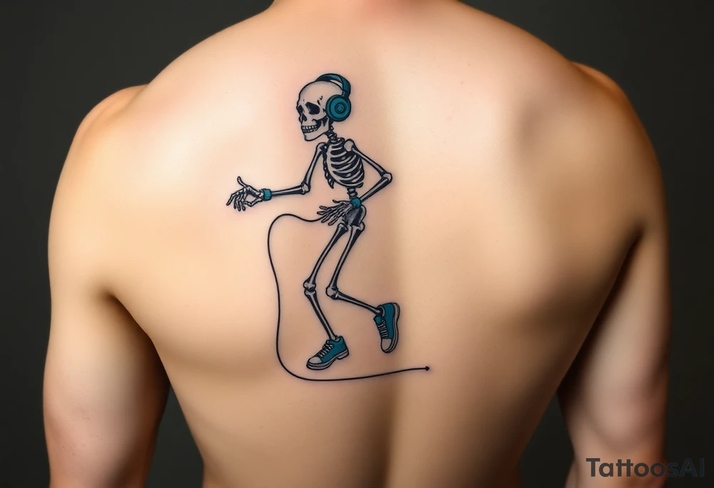 Minimalist young skeleton skipping on a jumping rope with blue headphone blue tennis shoes blue arm bands and music notes tattoo idea