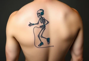 Minimalist young skeleton skipping on a jumping rope with blue headphone blue tennis shoes blue arm bands and music notes tattoo idea