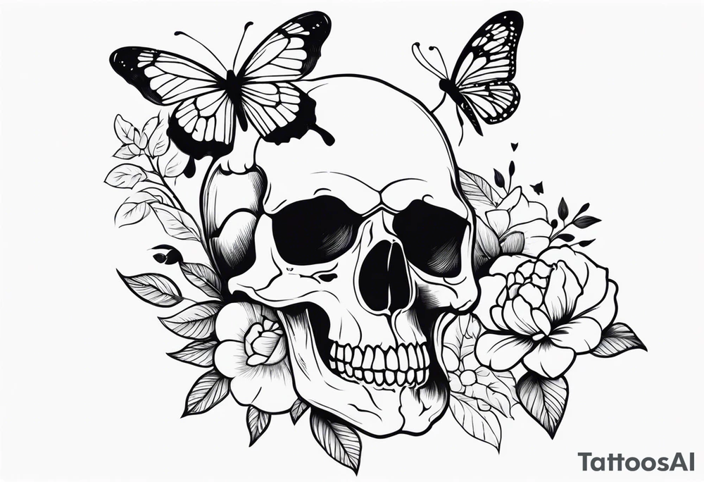 Skull tattoo with a large scorpion, butterflies, and flowers tattoo idea