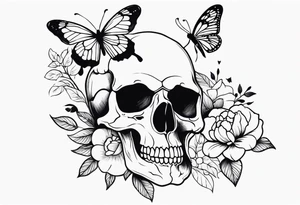 Skull tattoo with a large scorpion, butterflies, and flowers tattoo idea