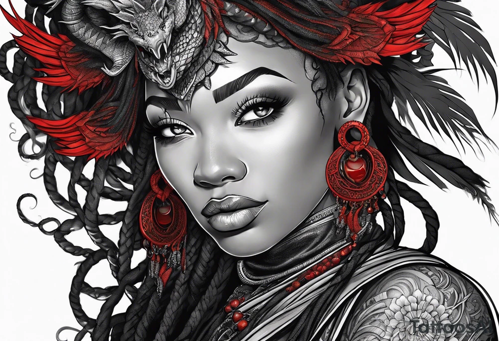 Red dragon wrapped around black woman with dreadlocks tattoo idea
