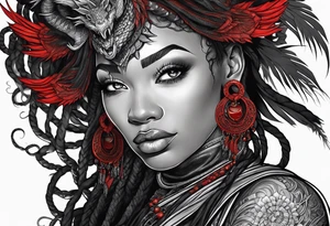 Red dragon wrapped around black woman with dreadlocks tattoo idea