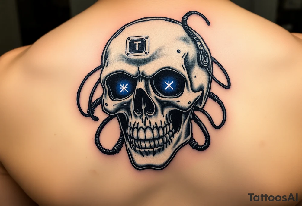 Cybernetic Skull with Wires & Tubes
A grinning skull with cybernetic plating, exposed wires, and tubes snaking out of it.
Neon lights glowing in its eye sockets, maybe displaying error codes or symbols.
Could incorporate biomechanical elements, making it look fused with tech. tattoo idea
