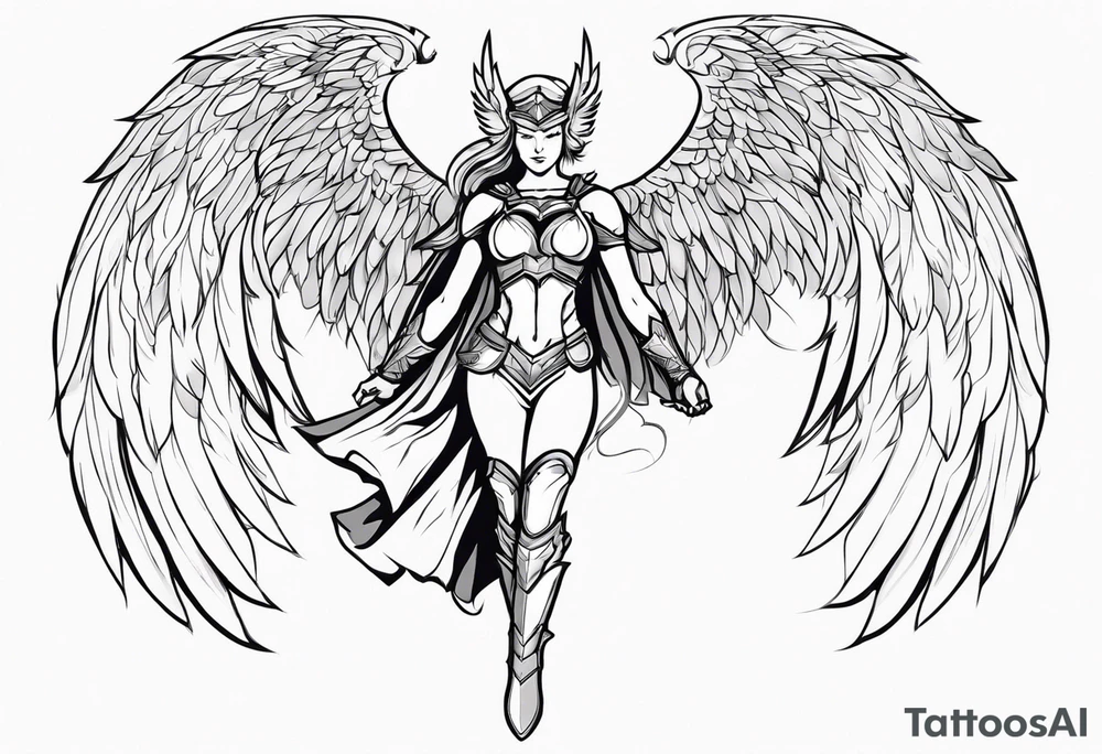 The full body of a Valkyrie with wings flying tattoo idea