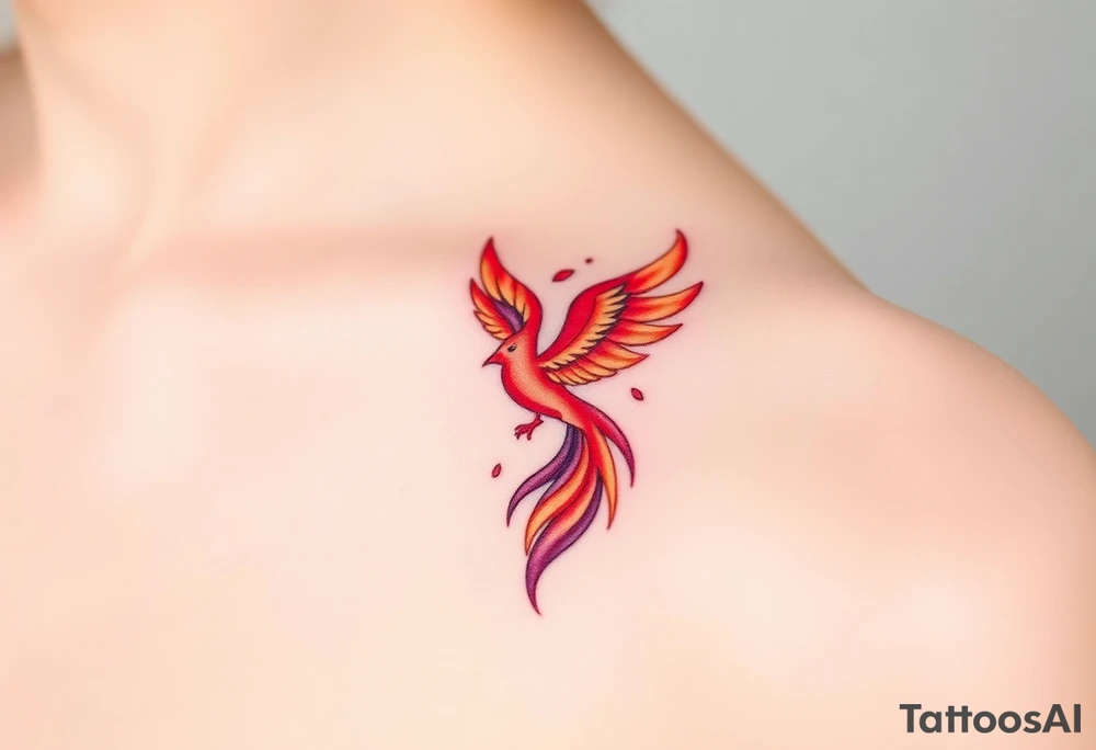 Square, phoenix rising from fire with both wings opened, colors red, pink, orange and purple. tattoo idea