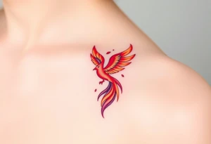 Square, phoenix rising from fire with both wings opened, colors red, pink, orange and purple. tattoo idea