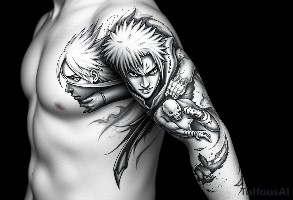 Full Naruto anime sleeve tattoo in black and grey realism, designed for the entire arm. Featuring Kakashi Hatake, Itachi Uchiha, and Pain, with detailed portraits and dramatic poses. Sharp shading, bold linework, and high contrast with smoky shadows for depth. Integrate multiple panels flowing seamlessly together, with each character framed by abstract effects like chakra energy, smoke, and broken stone textures. Masculine, dynamic, and intense style with strong highlights and shadows.” tattoo idea