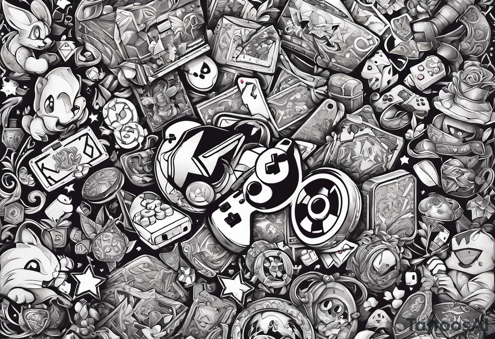 a stylized collage of iconic gaming symbols, characters, and items from various beloved games tattoo idea