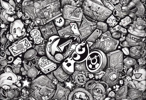 a stylized collage of iconic gaming symbols, characters, and items from various beloved games tattoo idea