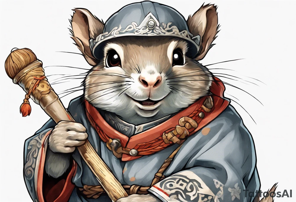 a grey squirrel with one torn ear dressed in a medieval tunic holding a large white stick tattoo idea