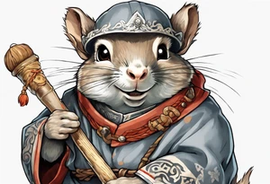 a grey squirrel with one torn ear dressed in a medieval tunic holding a large white stick tattoo idea
