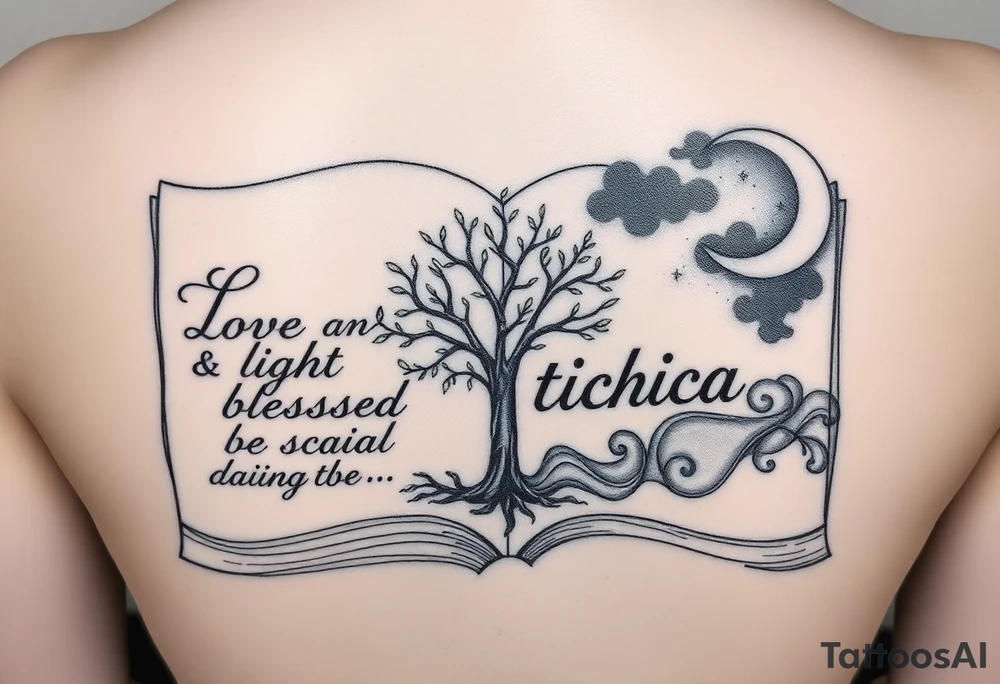 I want an open book and scripted on the left side of the pages and love and light blessed be on the right side of the pages the name tichica with the tree of life growing through the pages music notes dancing around it a crescent moon on the right side with a starry night background and dark clouds tattoo idea