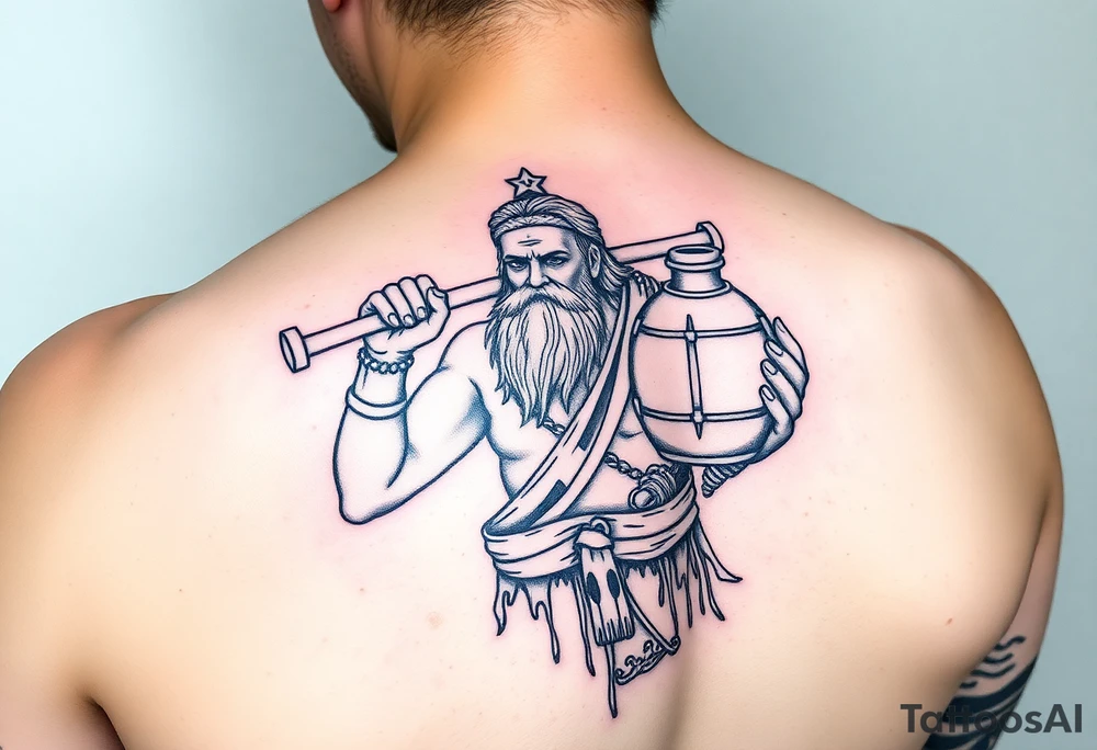 A large humanized god carrying a jar on his shoulder, the jar flows from water to create a marine environment tattoo idea