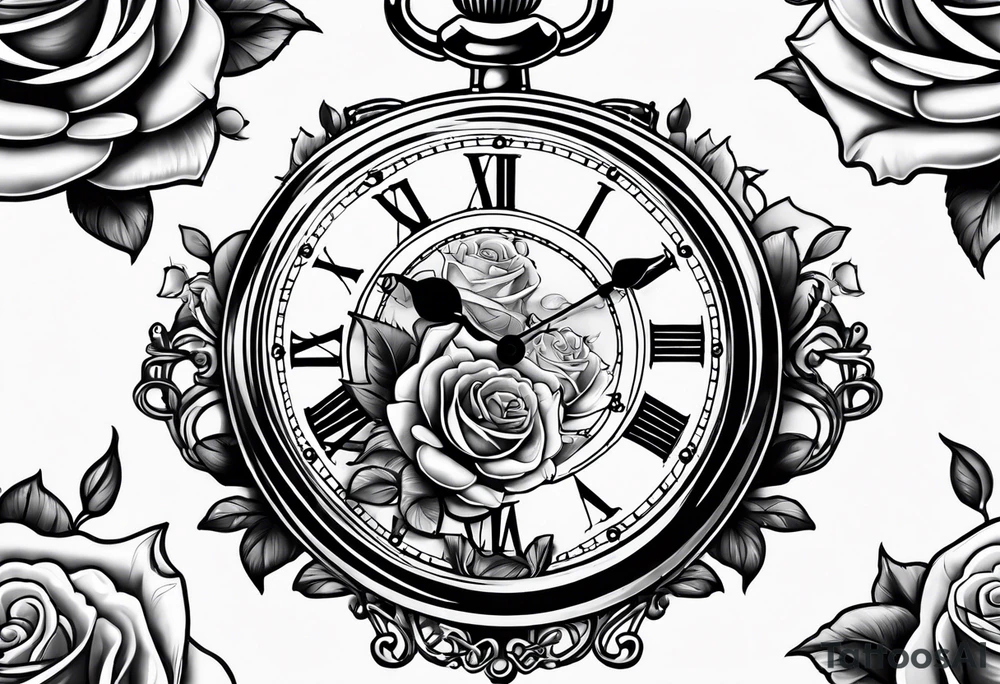 Pocket watch with chain and roses tattoo idea
