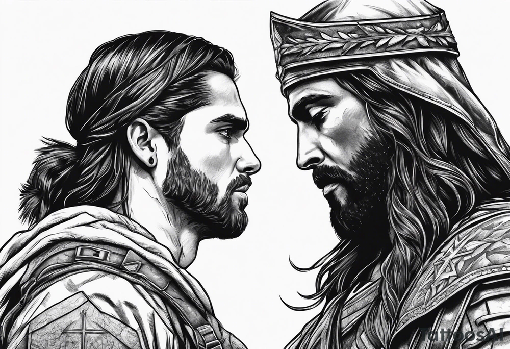 A solider face to face with death with Jesus over his shoulder tattoo idea
