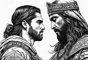 A solider face to face with death with Jesus over his shoulder tattoo idea