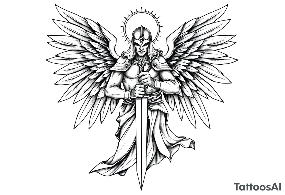 Holy Archangel, Biblical, Christianity, Hebrew, Guards of Christianity, Holding a sword, having six wings, wearing helmet, halo, seraphim, seek justice, walk only with God tattoo idea