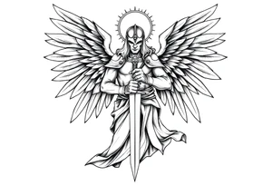 Holy Archangel, Biblical, Christianity, Hebrew, Guards of Christianity, Holding a sword, having six wings, wearing helmet, halo, seraphim, seek justice, walk only with God tattoo idea