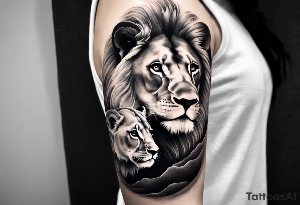 shoulder sleeve with lion and cub, landscape background tattoo idea