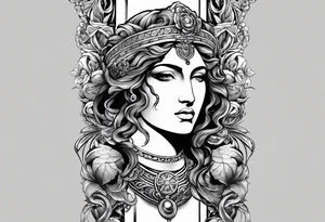 Greek or Roman mythology half sleeve  add some background and other things to make the person almost full or full height add background details men god tattoo idea