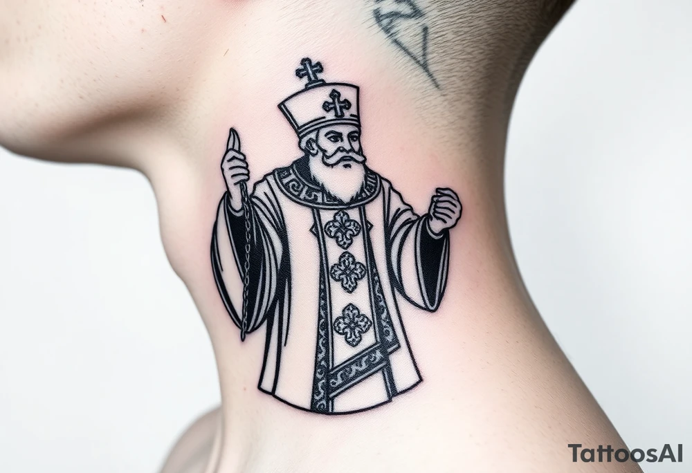 Russian orthodox priest in a detailed vestment swinging censer chains tattoo idea