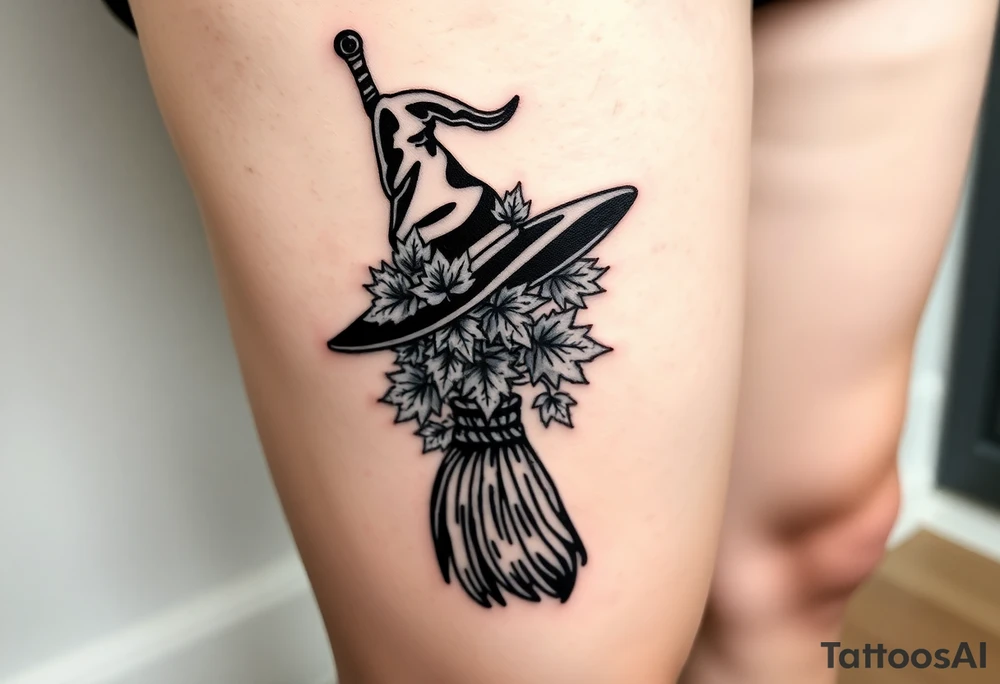 Which is broom with handle
 a witches hat with fall maple leaves tattoo idea