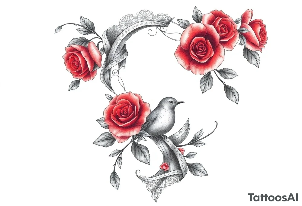 Vintage dollies, red roses, lace, red bird, no people, vintage, wrap around tattoo idea
