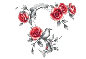 Vintage dollies, red roses, lace, red bird, no people, vintage, wrap around tattoo idea
