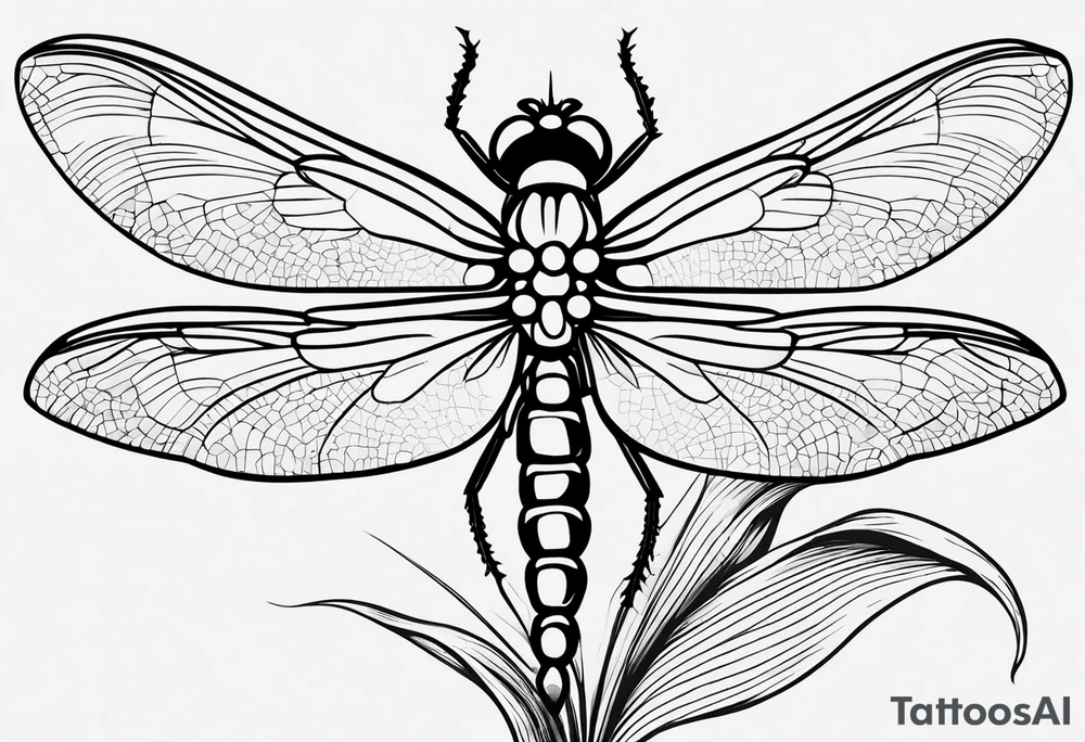 A minimalist dragonfly perched on a daffodil flower. Let the daffodil flower be minmqlist and have yellow lines. Let the stem of the flower extend downwards and instead of the stem write "muadil" in cursive tattoo idea
