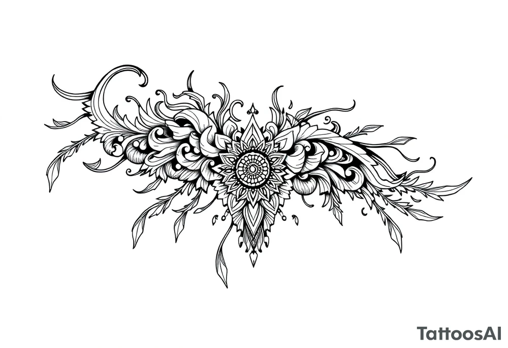 long shaman  style mytical bold line with ancient rhyme tattoo idea