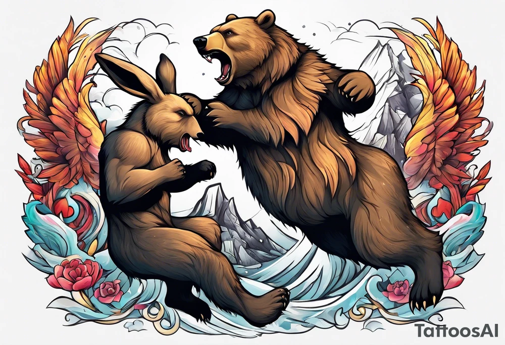 Muscular bear and strong rabbit fighting tattoo idea