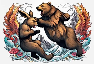 Muscular bear and strong rabbit fighting tattoo idea