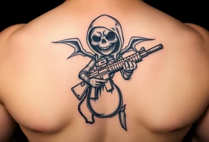 Scary Evil voodoo doll with a glock with a extended magazine and money bag full of cash tattoo idea