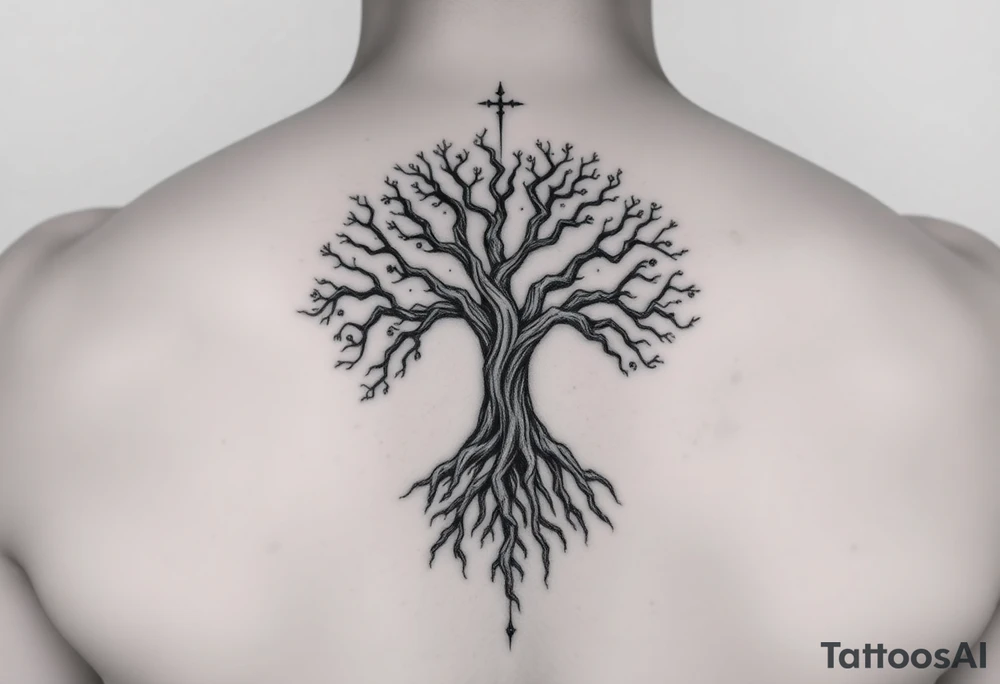 mystical tree of life with cosmic roots and celestial branches tattoo idea