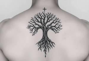 mystical tree of life with cosmic roots and celestial branches tattoo idea