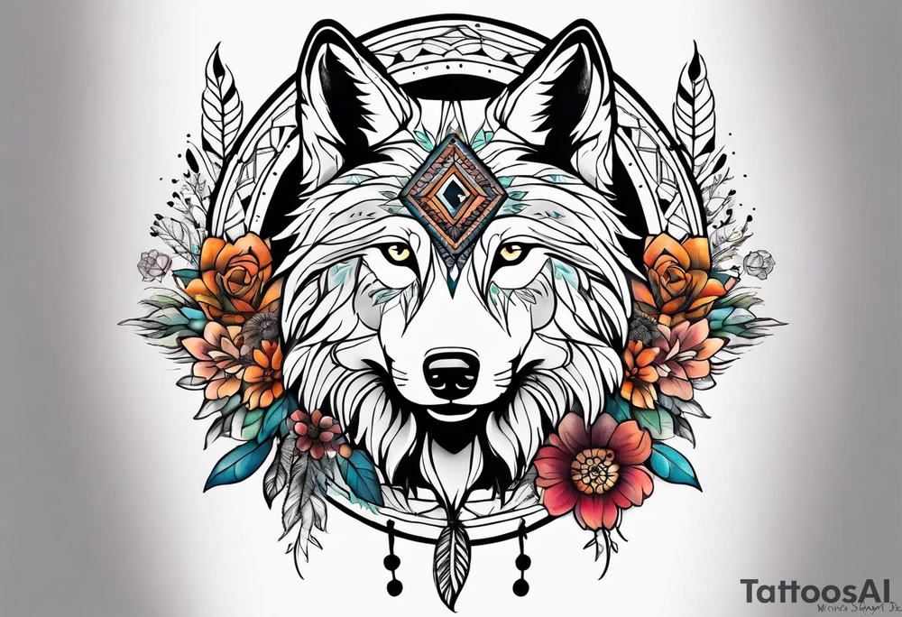 A whimsical wolf tattoo featuring mandala or dream catcher elements, with the wolf as the central focus. Show the wolves whole body standing surrounded by mountains in the background. Include flowers and nature elements to fill the space around the wolf. Some color but not completely solid bold color tattoo idea